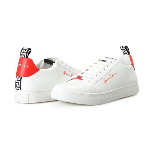 Pre-owned Versace Men's 100% Leather White Logo Print Fashion Sneakers Shoes In White/red