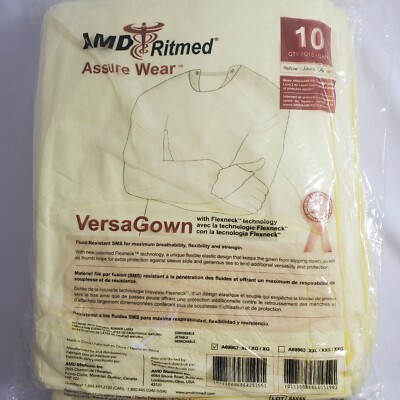 10 AMD Ritmed Assure Wear VersaGown Disposable Gowns Yellow Size XL A69962