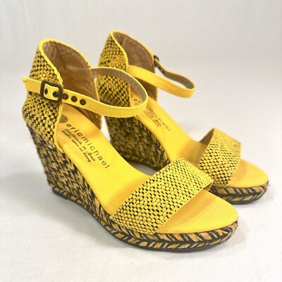 NEW Eric Michael Yellow Wedge Espadrille Mary Jane Heels Sandal Shoes sz 5, 35