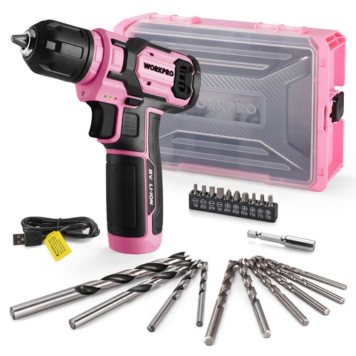 WORKPRO Power Drill Set&Stackable Tool Box, 8V Cordless Drill Driver Pink /Gray