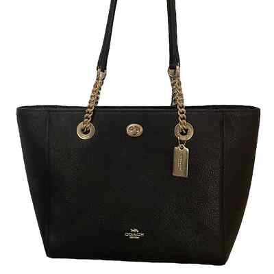 バッグ COACH handbag leather BLACK GOLD Coach | Authentic Black and Gold Pebbled Leather Turnlock Chain