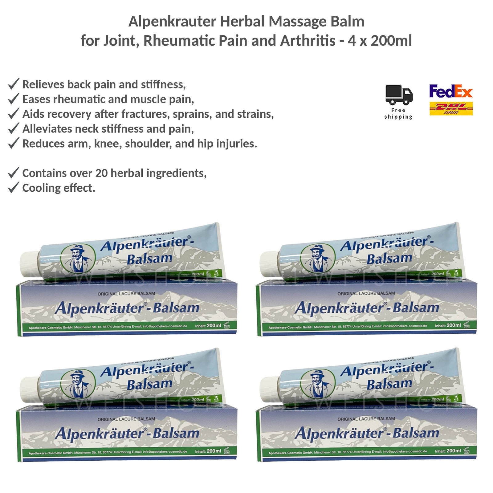 Alpenkrauter Herbal Balm Cooling Relief for Sore Muscles & Joints 4x200ml - Picture 1 of 11