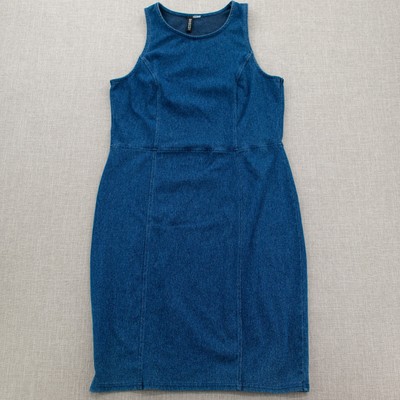 Divided H&M Women Jean Denim Mini Dress Bodycon Blue Stretch Boat Neck Open Back