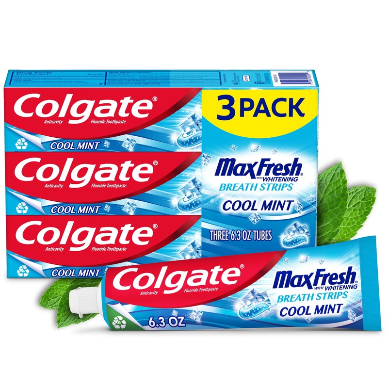 Max Fresh Whitening Toothpaste with Mini Breath Strips, Cool Mint, 6.3 Oz, 3 Pac
