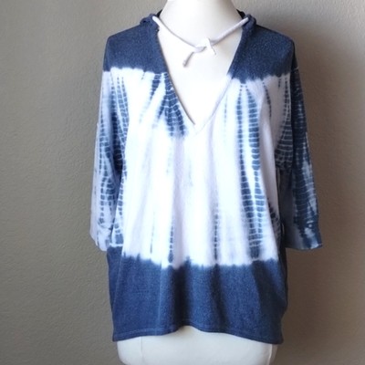 Chaser NWT Blue & White Tie-dye French Terry 3/4 Sleeve Soft Crop Hoodie M