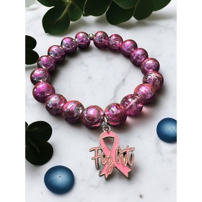 Handmade Pink Breast Cancer Awareness Fight Ribbon Stretch Bead Bracelet 6-7in