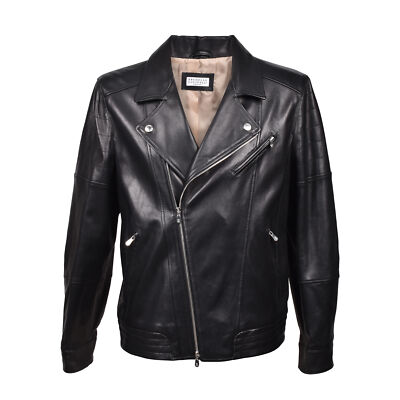 Pre-owned Brunello Cucinelli Men's Biker Style 100% Genuine Leather Jacket In Black