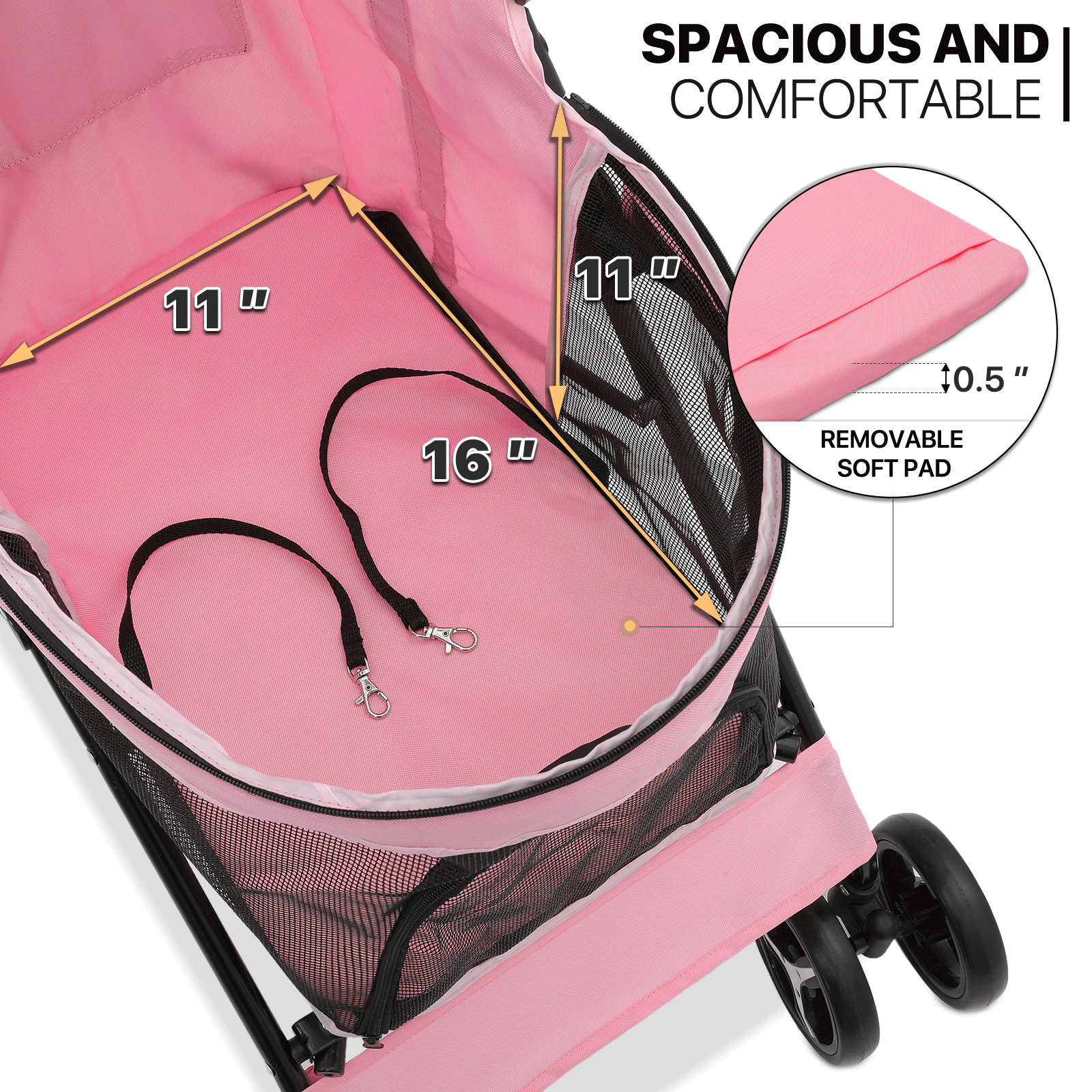 Pink Foldable Dog Stroller Adjustable Canopy Breathable Pet Travel Carrier Cart
