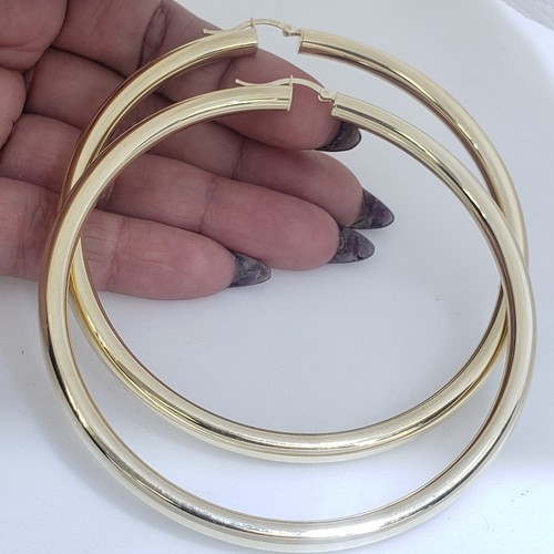 Pre-owned Handmade Extra Large Big Huge Thick Real 14k Yellow Gold Plain Hoop Earrings 3.50 Inches
