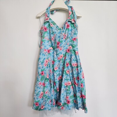 Tiki Blue Floral Swing Dress XL Hot Topic Pretty Summer Hawaiian Themed Retro
