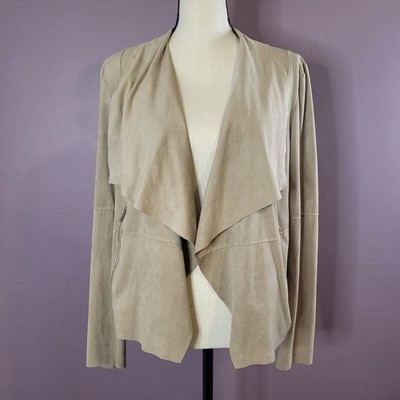 Large Bagatelle Collection Beige Faux Suede Drape Open Front Exposed Seam Jacket
