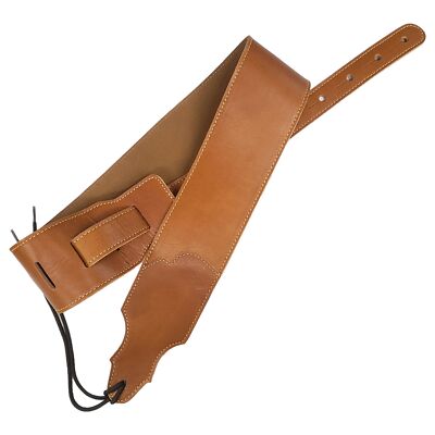 Acoustic Electric Guitar Strap Brown Leather Wide White Stitch