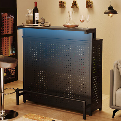 Home Bar Table Unit 4 Tier Liquor Bar Table Wine Storage w/ LED Light & Footrest