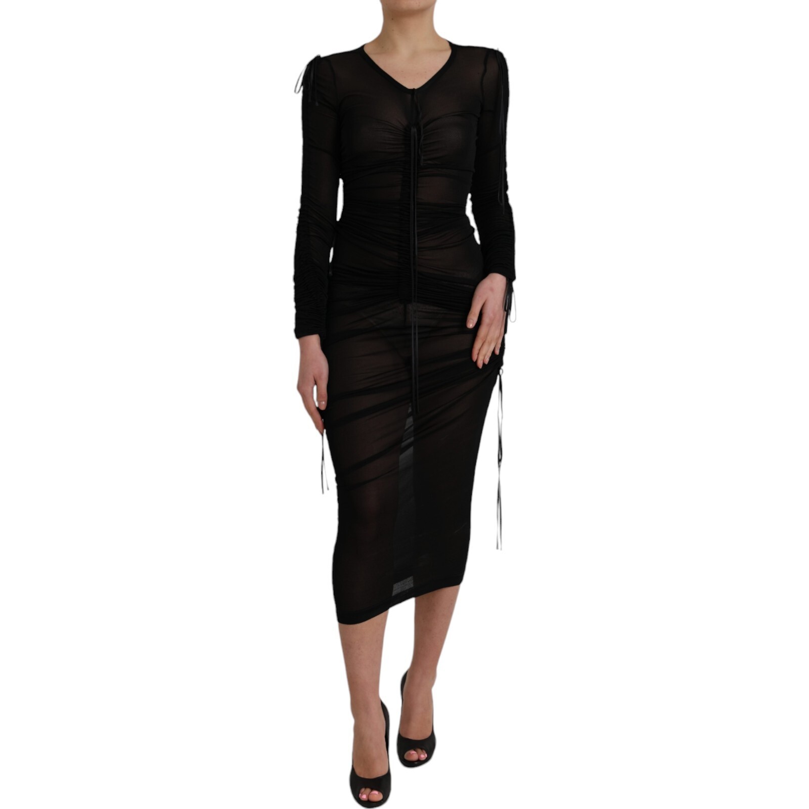 贅沢 Black Dress GABBANA & DOLCE Sheer IT36 Midi Sheath Bodycon トップス