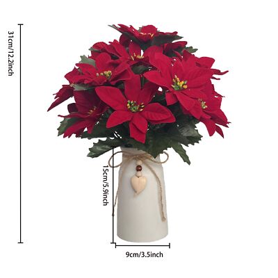 Artificial Red Poinsettia Christmas Flower Arrangement in Decorative White Va...