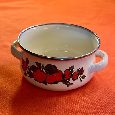 Vintage Small Enamelware Pot - No Lid - Tomatoes print - 4.5 inches Diameter