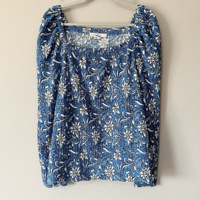 Ann Taylor LOFT Blue Floral Smocked Square Neck Top Long Sleeves Size Large NEW