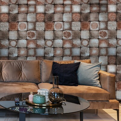 Rust bronze silver metallic foil square tile stone imitation modern wallpaper 3D