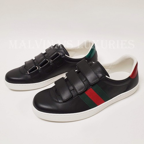Pre-owned Gucci Sneakers Mens Web Ace Straps Logo Heel Black Leather Shoes Sz 8g 8.5