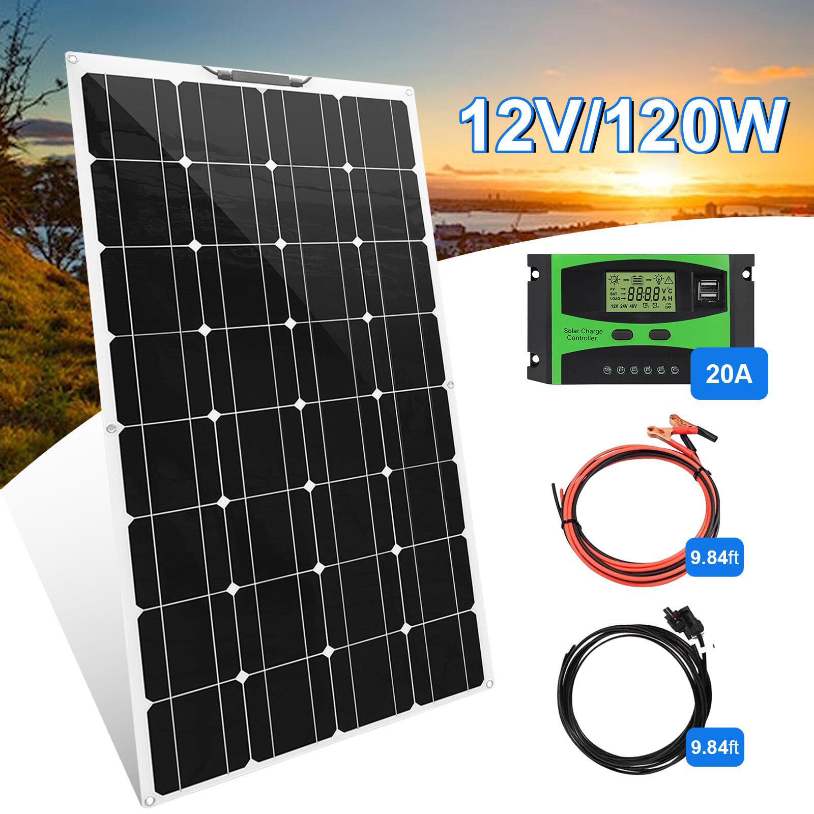 120W Solar Panel Kit 20A 12/24V Charging Contraller for Boat