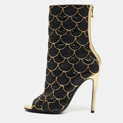 Balmain Black/Gold Canvas and Leather Peep Toe Ankle Boots Size 36