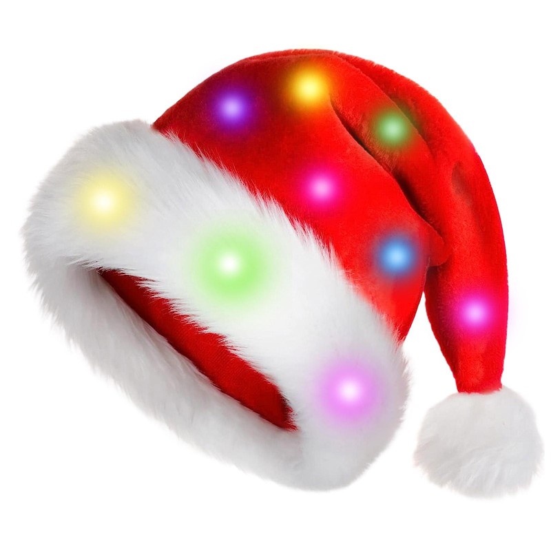Christmas Hat with LED Lights Funny Santa Hat Plush Faux Fur Xmas Holiday Hat