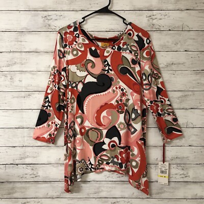 NWT Ruby Rd Size M Multicolor Bold Floral 3/4 Sleeve Sharkbite Hem Tunic Top