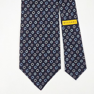 BVLGARI BULGARI TIE Polka Dot Life Preserver on Dark Blue 7 Fold  Silk Necktie