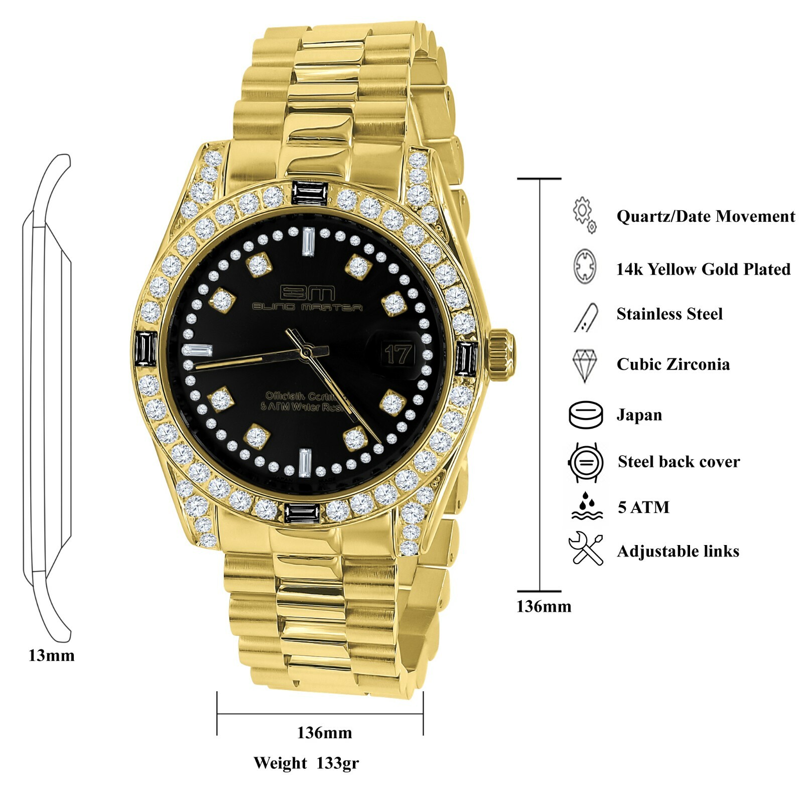 Pre-owned Bling Master 18k Gold Tone Solid Steel Black Dial Simulated Diamond Mens President Watch 40mm