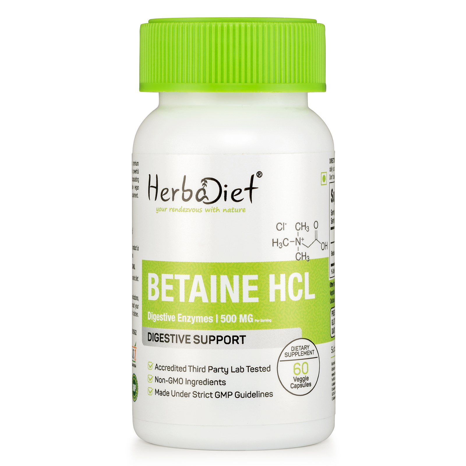 Betaine HCL Capsules 500mg Digestion Digestive Enzymes Vegan Liver Supplement
