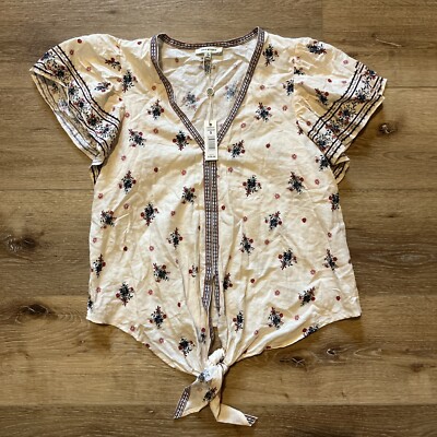 Max Studio Small Short Flutter Sleeve Floral Bouquet Tie Front Shirt Blouse