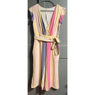 Line And Dot Women Kairi Flamingo Pastel Stripe Linen Crop Ankle Jumpsuit  Medium | eBay