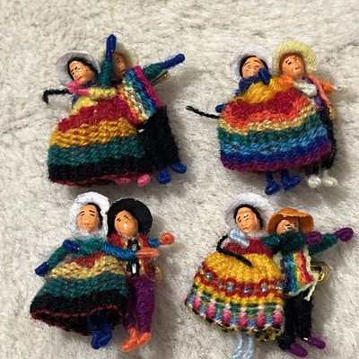 Set 4 Vintage Handmade Worry Dolls Colorful Couple Pins Brooches   S. American