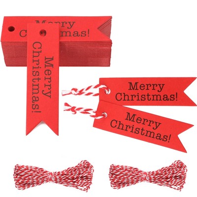 Merry Christmas Tags, 100Pcs Gift Tags with String, Red Kraft Paper Tags Prin...