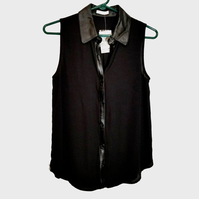 Soprano Top Women's Small Collared Black Sleeveless PU Leather Trim Lined New