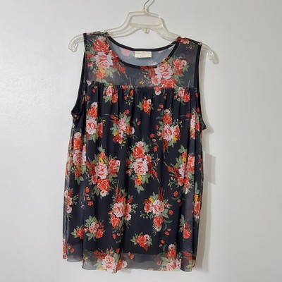 NWT Bobbie Brooks Womens Large  Sleeveless Sheer Yoke Lined Top Black Floral