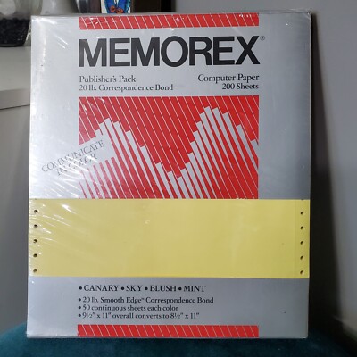 Memorex Computer Paper Smooth Edge 200 Sheets 9.5x11'' 4 Colors Pack 1986 Sealed