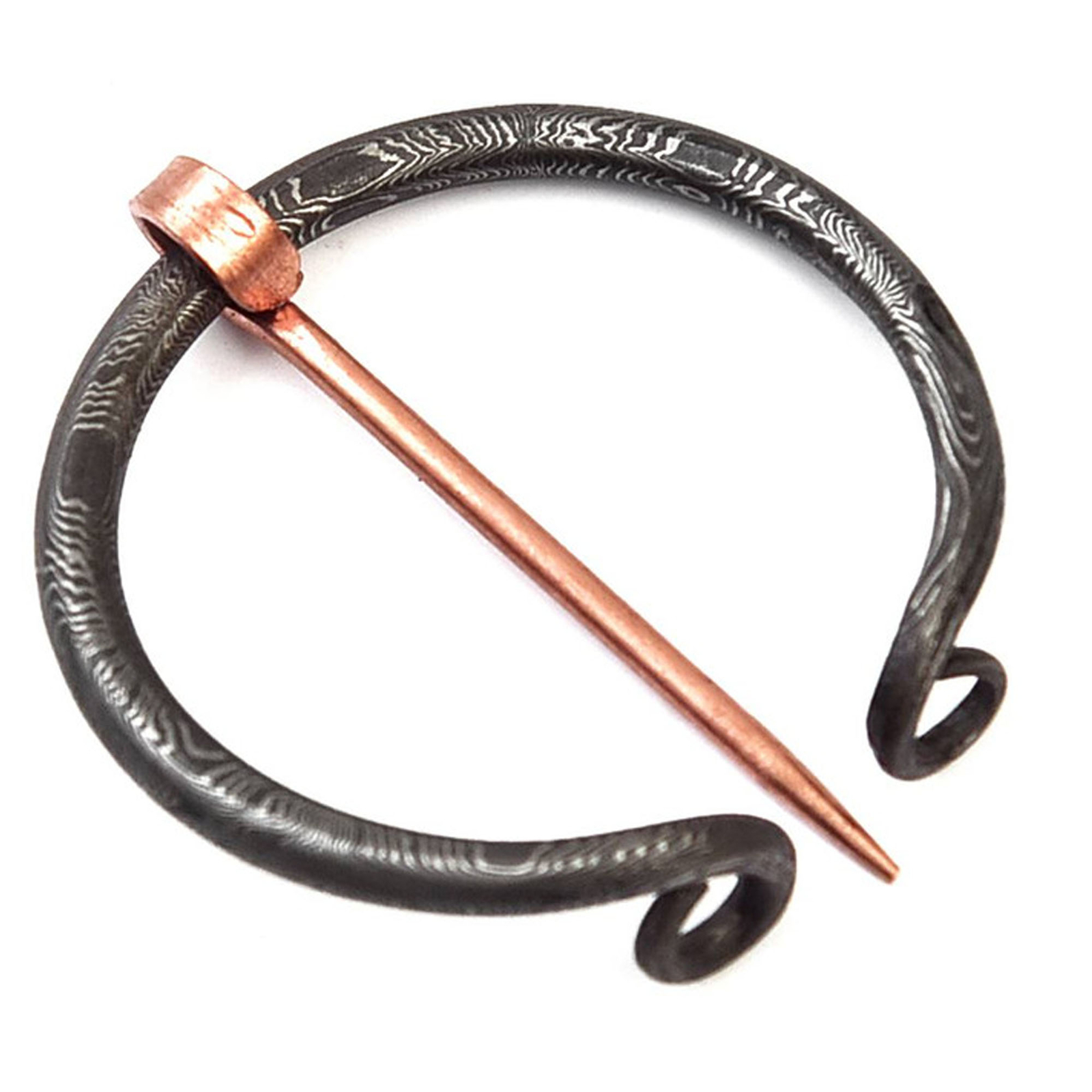 HAND FORGED Damascus Steel Penannular Unisex Brooch Gift Idea w/ Copper Pin