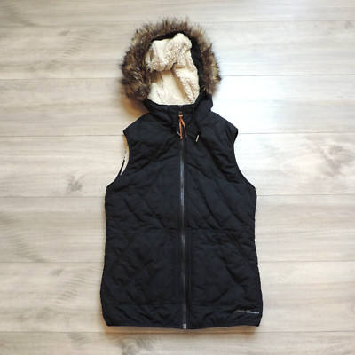 Eddie Bauer Snow Furry Vest Black Size XS Removable Faux Fur Hood Jacket Zip Up