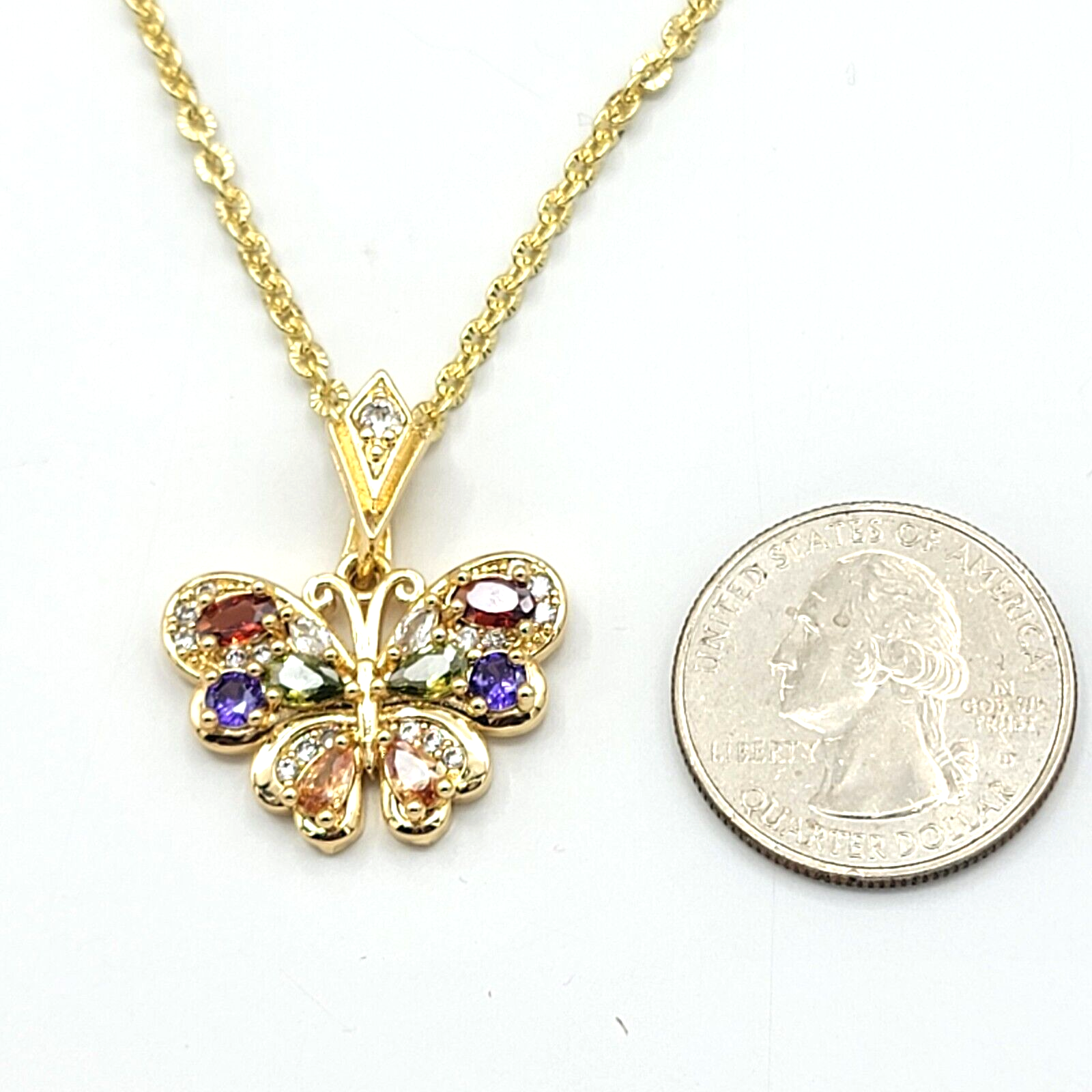 14K Gold Plated Woman Multicolor Crystals Butterfly Pendant & Chain. Resilience.