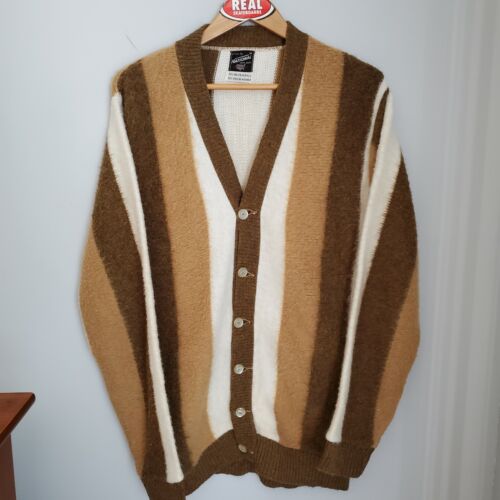 Vintage 60s Mohair Cardigan Cobain Sweater Men's Medium Striped Brown  National