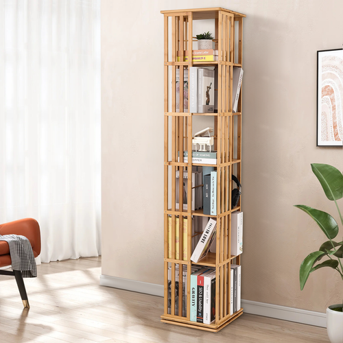 Natural Bamboo [ROTATABLE BOOKSHELF] 6 Tiers Open Shelving Magazine Storage Rack