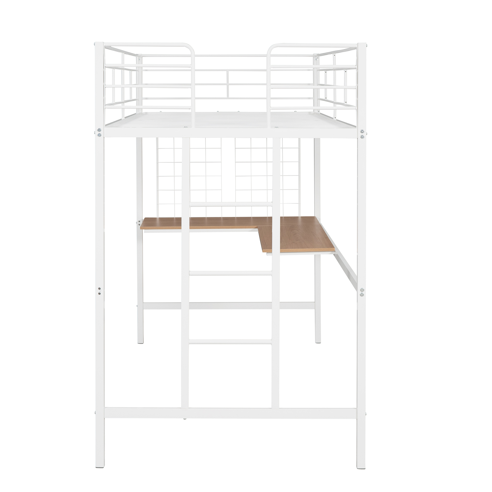Modern Metal Twin Size Loft Bed Frame with Ladder/Desk/Grid White Space Saving