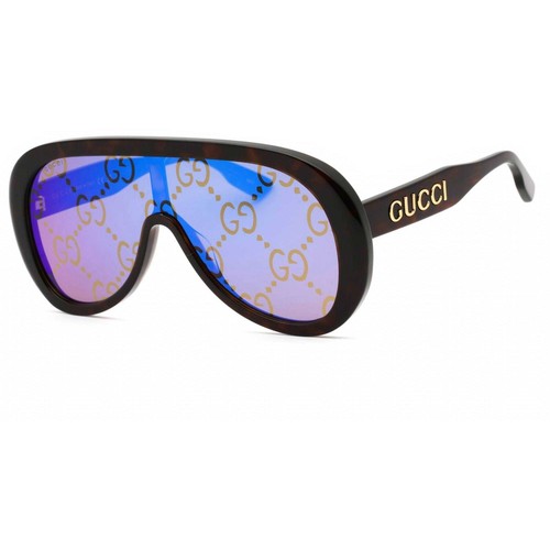 Pre-owned Gucci Men's Sunglasses Havana Shield Full Rim Frame Blue Lens Gg1370s 002