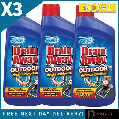 3 x DUZZIT DRAIN AWAY UNBLOCKER 400ML OUTDOOR HEAVY DUTY CLEANER INSTANT STRONG