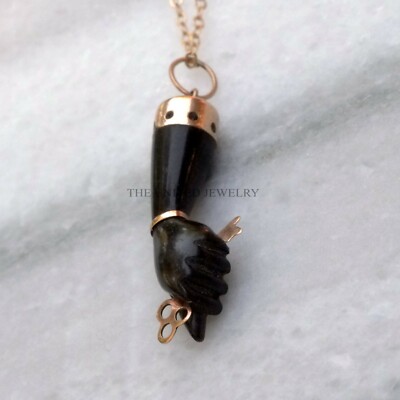 Rose Gold Plated Black Onyx Gemstone Handmade Figa Hand Sterling Silver Pendant