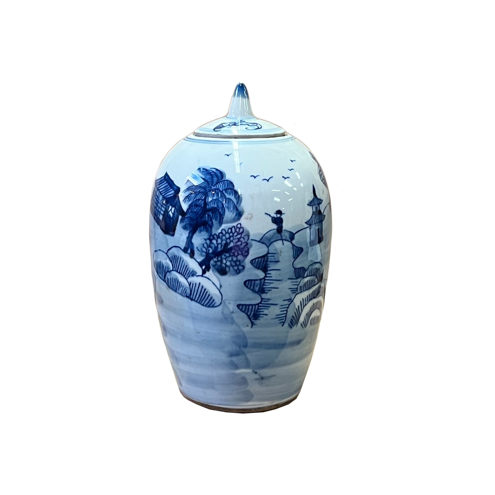 Lot of 2 Blue White Small Scenery Graphic Porcelain Point Lid Jars ws2514S Lot of 2 Blue White Small Scenery Graphic Porcelain Point Lid Jars ws2514S