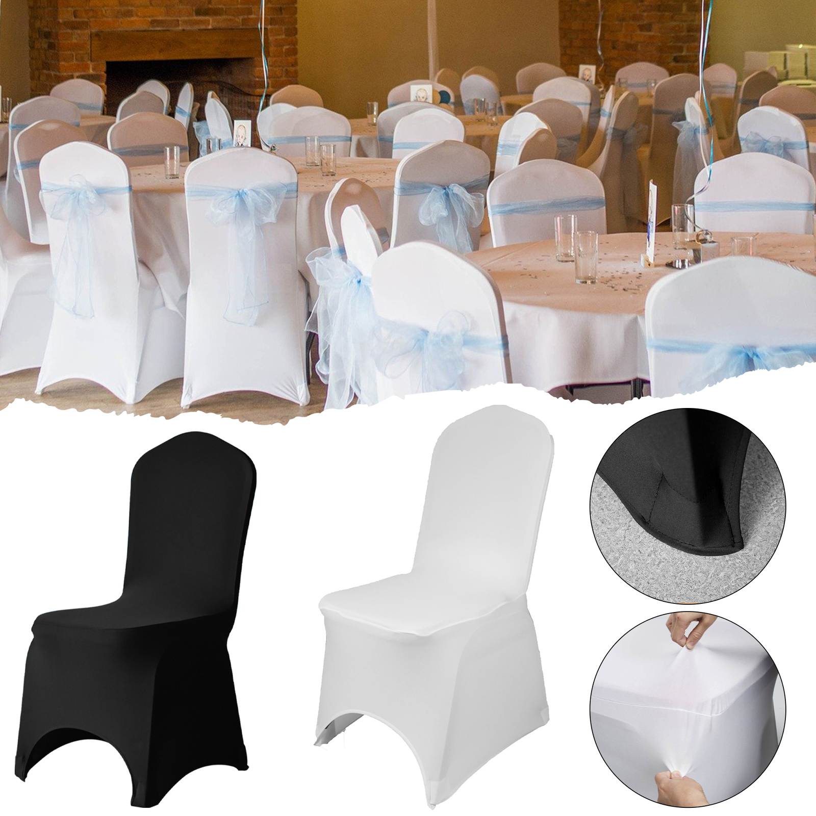 Weddecor Stretch Stuhlhussen Weiß Schwarz Universal Sitzbezug Hochzeit