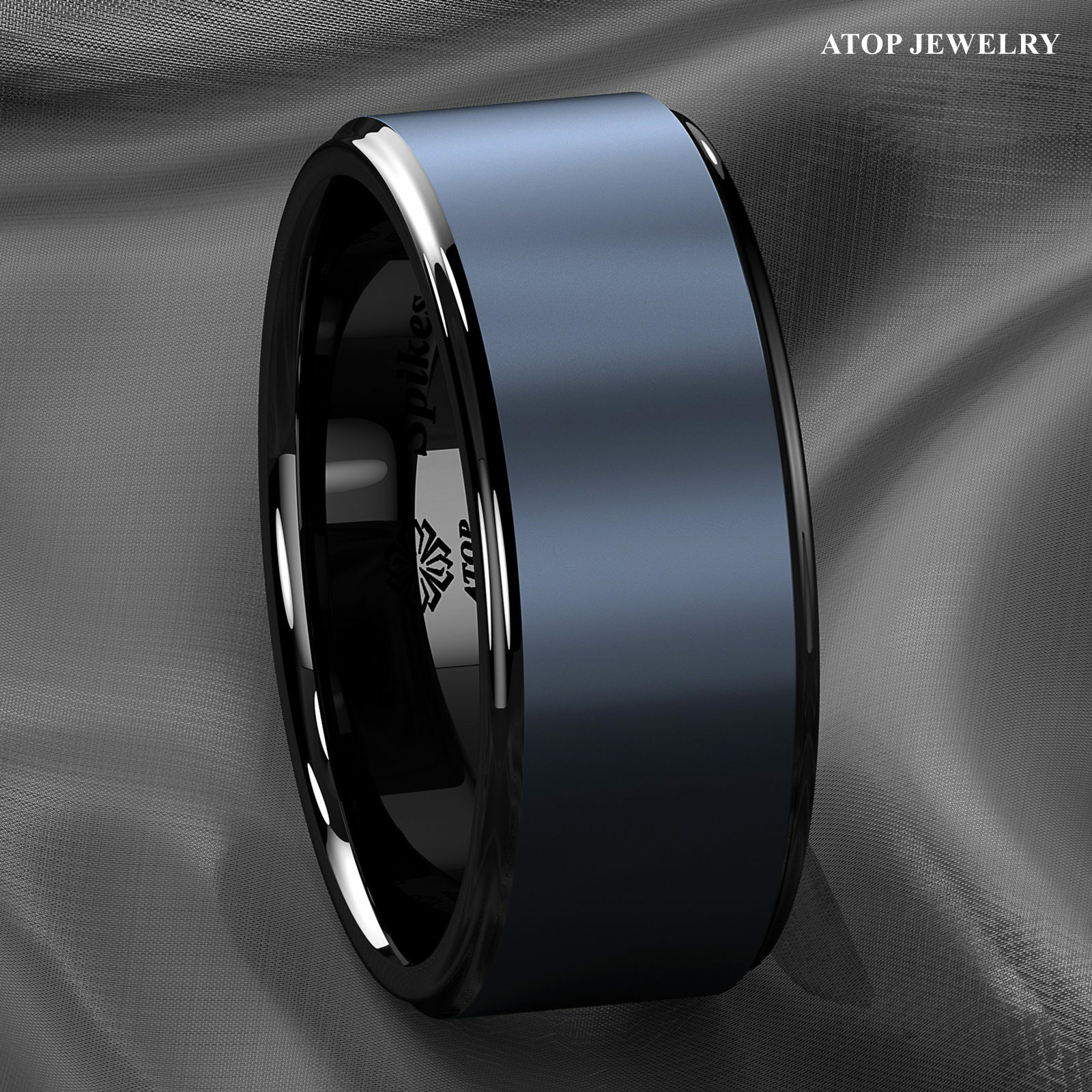 Black Tungsten Carbide Ring Sea Blue Brushed Center Bridal Band ATOP Men Jewelry