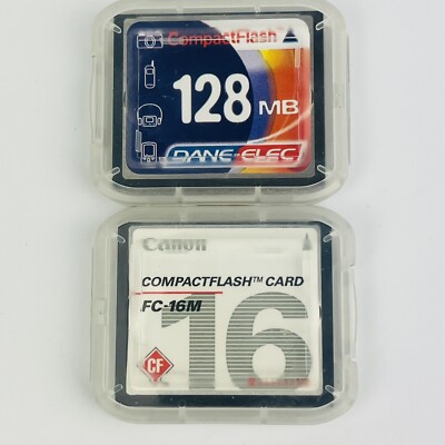 Dane-Elec 128MB compact flash card & Canon 16MB Card FC16M, Lot Of 2 With Cases